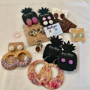 10 pairs earrings new on cards and 2 rings bold large wrapped wooden hoops